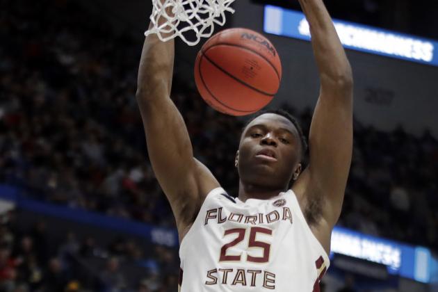 Florida State's Mfiondu Kabengele (25) dunks the ball during a second round men's college basketball game in the NCAA Tournament, Saturday, March 23, 2019, in Hartford, Conn. (AP Photo/Elise Amendola)