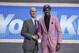 Duke's RJ Barrett, right, poses for photographs with NBA Commissioner Adam Silver after being selected as the third pick overall by the New York Knicks during the NBA basketball draft Thursday, June 20, 2019, in New York. (AP Photo/Julio Cortez)
