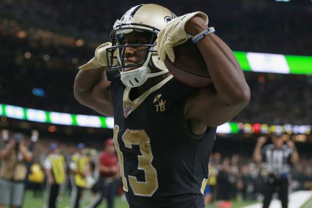 NEW ORLEANS, LA - SEPTEMBER 16: Michael Thomas #13 of the New Orleans Saints celebrates his touchdown during the fourth quarter against the Cleveland Browns at Mercedes-Benz Superdome on September 16, 2018 in New Orleans, Louisiana. (Photo by Sean Gardner/Getty Images)