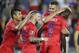 United States' Gyasi Zardes (9) is congratulated by, left to right, Nick Lima, Paul Arriola and Aaron Long after Zardes scored a goal off a deflection by a Guyana player that went off his face into the goal during the second half of a CONCACAF Gold Cup soccer match Tuesday, June 18, 2019, in St. Paul, Minn. (AP Photo/Andy Clayton-King)