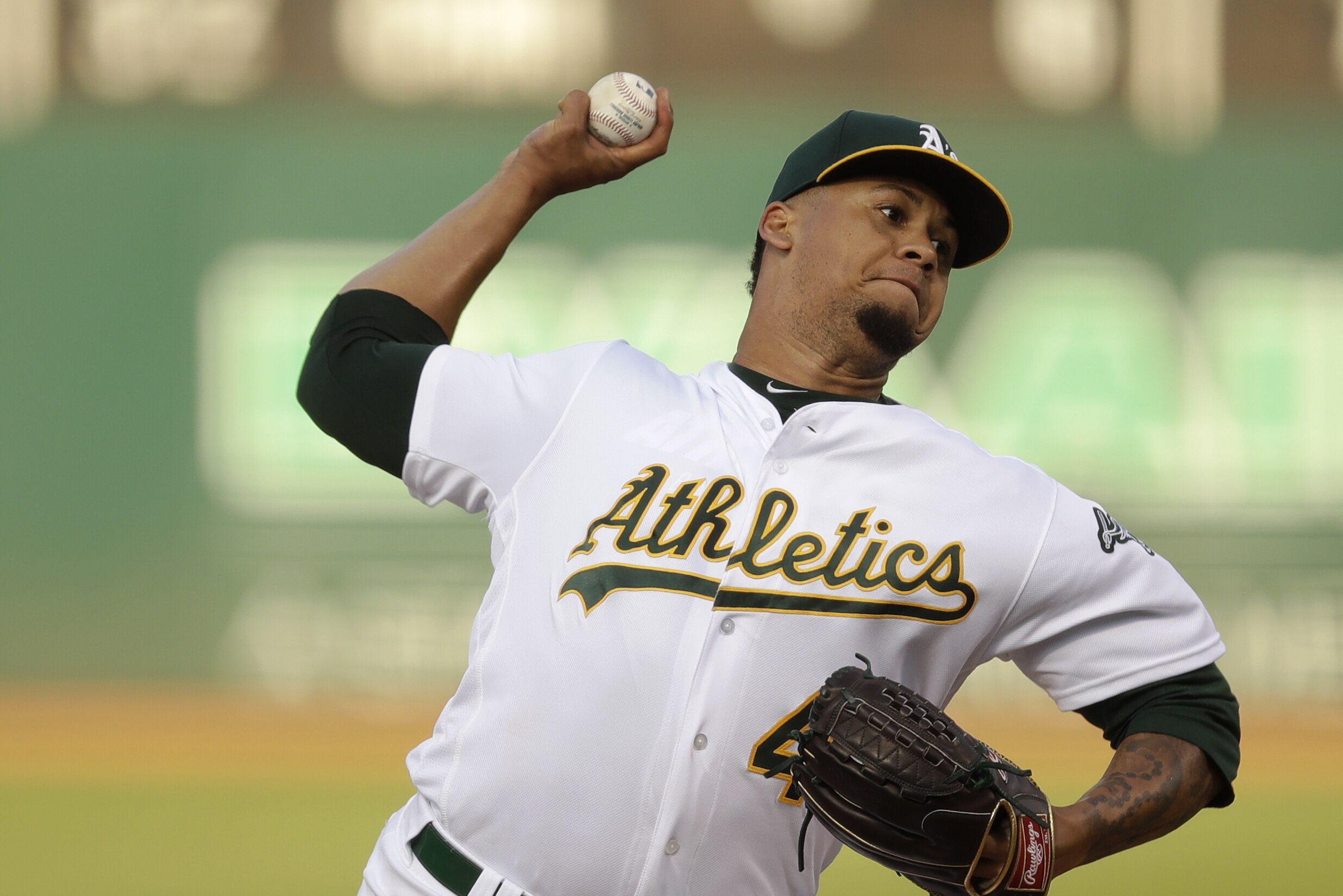Oakland Athletics pitcher Frankie Montas works against the Tampa Bay Rays during the first inning of a baseball game Thursday, June 20, 2019, in Oakland, Calif. (AP Photo/Ben Margot)