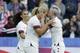 United States' Megan Rapinoe, right, kisses teammate and goal scorer Lindsey Horan during the Women's World Cup Group F soccer match between Sweden and the United States at Stade Océane, in Le Havre, France, Thursday, June 20, 2019. (AP Photo/Alessandra Tarantino)