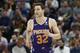 Phoenix Suns guard Jimmer Fredette (32) runs up court during the first half of an NBA basketball game against the Utah Jazz Monday, March 25, 2019, in Salt Lake City. (AP Photo/Rick Bowmer)