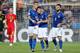 REGGIO NELL'EMILIA, ITALY - JUNE 22: (L-R) Gianluca Mancini of Italy U21, Nicolo Barella of Italy U21, Patrick Cutrone of Italy U21 celebrate 0-1 during the EURO U21 match between Belgium v Italy at the MAPEI Stadium - Città del Tricolore on June 22, 2019 in Reggio nell'Emilia Italy (Photo by Danilo Di Giovanni/Soccrates/Getty Images)