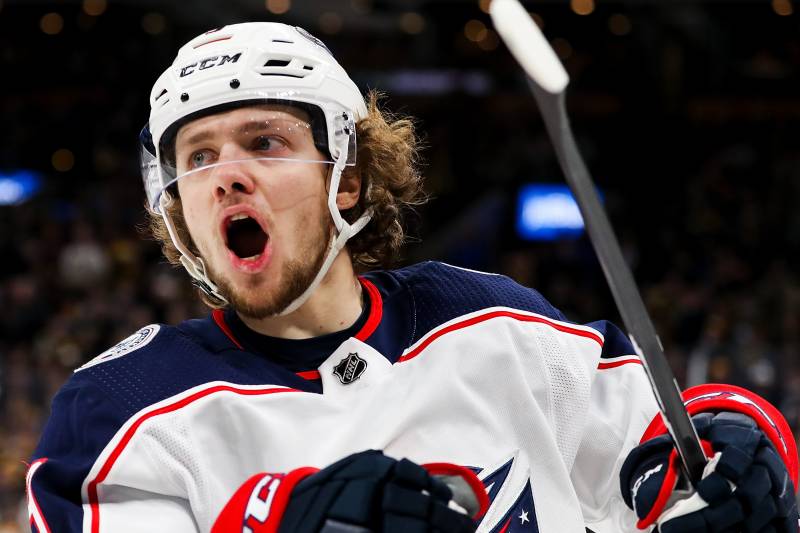 BOSTON, MA - APRIL 27:   Artemi Panarin #9 of the Columbus Blue Jackets reacts after scoring in the second period in Game Two of the Eastern Conference Second Round against the Boston Bruins during the 2019 NHL Stanley Cup Playoffs at TD Garden on April 27, 2019 in Boston, Massachusetts. (Photo by Adam Glanzman/Getty Images)