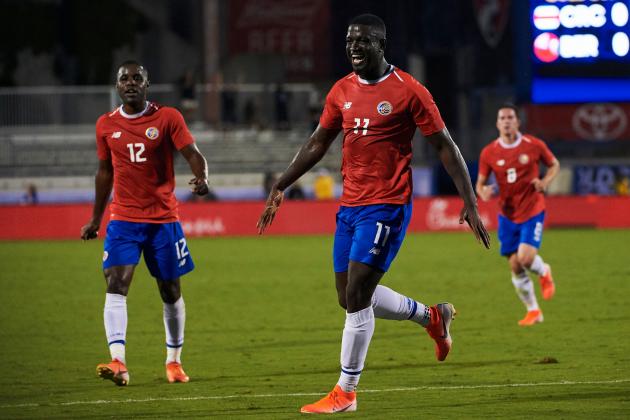 Costa Rica's Mayron George (C) celebrates after scoring a goal during the Concacaf group B Gold Cup football match between Bermuda and Costa Rica on June 20, 2019 at Toyota Stadium in Frisco, Texas, near Dallas. (Photo by Cooper NEILL / AFP) (Photo credit should read COOPER NEILL/AFP/Getty Images)
