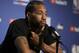 Toronto Raptors' Kawhi Leonard ponders a question during a media conference Thursday, June 6, 2019, in Oakland, Calif. (AP Photo/Ben Margot)
