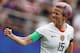 United States' forward Megan Rapinoe celebrates after scoring a goal during the France 2019 Women's World Cup round of sixteen football match between Spain and USA, on June 24, 2019, at the Auguste-Delaune stadium in Reims, northern France. (Photo by Lionel BONAVENTURE / AFP) (Photo credit should read LIONEL BONAVENTURE/AFP/Getty Images)