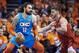 OKLAHOMA CITY, OKLAHOMA - APRIL 19: Steven Adams #12 of the Oklahoma City Thunder backs down Meyers Leonard #11 of the Portland Trail Blazers during game three of the Western Conference quarterfinals at Chesapeake Energy Arena on April 19, 2019 in Oklahoma City, Oklahoma. NOTE TO USER: User expressly acknowledges and agrees that, by downloading and or using this photograph, User is consenting to the terms and conditions of the Getty Images License Agreement. (Photo by Cooper Neill/Getty Images)
