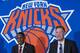 New York Knicks NBA basketball draft picks RJ Barrett, left, and Ignas Brazdeikis speak to reporters during a news conference, Friday, June 21, 2019, at Madison Square Garden in New York. (AP Photo/Mary Altaffer)