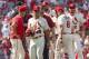 St. Louis Cardinals relief pitcher Jordan Hicks leaves the game after an injury during ninth inning of a baseball game against the Los Angeles Angels Saturday, June 22, 2019, in St. Louis. St. Louis won the game 4-2. (AP Photo/L.G. Patterson)