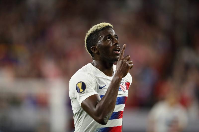 CLEVELAND, OH - JUNE 22: Gyasi Zardes of USA celebrates after scoring a goal to make it 4-0 during the Group D 2019 CONCACAF Gold Cup fixture between United States of America and Trinidad & Tobago at FirstEnergy Stadium on June 22, 2019 in Cleveland, Ohio. (Photo by Matthew Ashton - AMA/Getty Images)