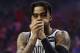 Brooklyn Nets' D'Angelo Russell looks on during the first half in Game 5 of a first-round NBA basketball playoff series against the Philadelphia 76ers, Tuesday, April 23, 2019, in Philadelphia. The 76ers won 122-100. (AP Photo/Chris Szagola)