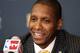 Denver Nuggets executive vice president of basketball operations Masai Ujiri, along with president Josh Kroenke, not seen, addresses the media about the trade of Carmelo Anthony and Chauncey Billups to the New York Knicks, Tuesday, Feb. 22, 2011, in Denver. In a swap that was being finalized Tuesday, the Nuggets dealt their two most popular players, Anthony and Billups, along with three backups to the Knicks for a package of four young players, three draft picks and cash in a megadeal that reshapes both franchises. (AP Photo/Barry Gutierrez)