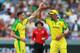 LONDON, ENGLAND - JUNE 25: Jason Behrendorff (L) of Australia celebrates with team mate Mitchell Starc after taking the wicket of Moeen Ali during the Group Stage match of the ICC Cricket World Cup 2019 between England and Australia at Lords on June 25, 2019 in London, England. (Photo by David Rogers/Getty Images)
