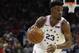 Philadelphia 76ers' Jimmy Butler in action during the first half of Game 6 of a second-round NBA basketball playoff series against the Toronto Raptors, Thursday, May 9, 2019, in Philadelphia. 76ers won 112-101. (AP Photo/Chris Szagola)