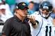 JACKSONVILLE, FL - OCTOBER 09: Quarterback Blaine Gabbert #11 and coach Jack Del Rio of the Jacksonville Jaguars against the Cincinnati Bengals during play at EverBank Field on October 9, 2011 in Jacksonville, Florida. Cincinnati won 30-20. (Photo by Grant Halverson/Getty Images)