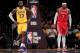 LOS ANGELES, CA - OCTOBER 20: LeBron James #23 of the Los Angeles Lakers and Carmelo Anthony #7 of the Houston Rockets wait for and inbound at Staples Center on October 20, 2018 in Los Angeles, California. (Photo by Harry How/Getty Images)