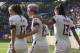 REIMS, FRANCE - JUNE 24: Megan Rapinoe of USA celebrates her winning goal on a penalty kick with Tobin Heath and Alex Morgan of USA during the 2019 FIFA Women's World Cup France Round Of 16 match between Spain and USA at Stade Auguste Delaune on June 24, 2019 in Reims, France. (Photo by Jean Catuffe/Getty Images)