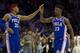 PHILADELPHIA, PA - APRIL 23: Tobias Harris #33 of the Philadelphia 76ers high fives Jimmy Butler #23 against the Brooklyn Nets in Game Five of Round One of the 2019 NBA Playoffs at the Wells Fargo Center on April 23, 2019 in Philadelphia, Pennsylvania. NOTE TO USER: User expressly acknowledges and agrees that, by downloading and or using this photograph, User is consenting to the terms and conditions of the Getty Images License Agreement. (Photo by Mitchell Leff/Getty Images)
