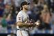 San Francisco Giants starting pitcher Madison Bumgarner follows the path Wilson Ramos's two-run, home run, during the sixth inning of a baseball game against the New York Mets, Tuesday, June 4, 2019, in New York. (AP Photo/Kathy Willens)