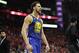Golden State Warriors guard Klay Thompson celebrates the team's win over the Houston Rockets in Game 6 of a second-round NBA basketball playoff series Friday, May 10, 2019, in Houston. Golden State won 118-113, winning the series. (AP Photo/Eric Gay)