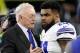 ARLINGTON, TX - JANUARY 15: Dallas Cowboys owner Jerry Jones talks with Ezekiel Elliott #21 of the Dallas Cowboys before the NFC Divisional Playoff Game against the Green Bay Packers at AT&T Stadium on January 15, 2017 in Arlington, Texas. (Photo by Joe Robbins/Getty Images)