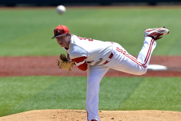 FILE - In this June 11, 2016, file photo, Louisville pitcher Brendan McKay throws against UC Santa Barbara during an NCAA college baseball tournament super regional game in Louisville Ky. The phrase “total package,” as applied to a baseball player or any other athlete, is often thrown around too casually. But there really is no other way to describe Louisville’s Brendan McKay. (AP Photo/Timothy D. Easley, file)