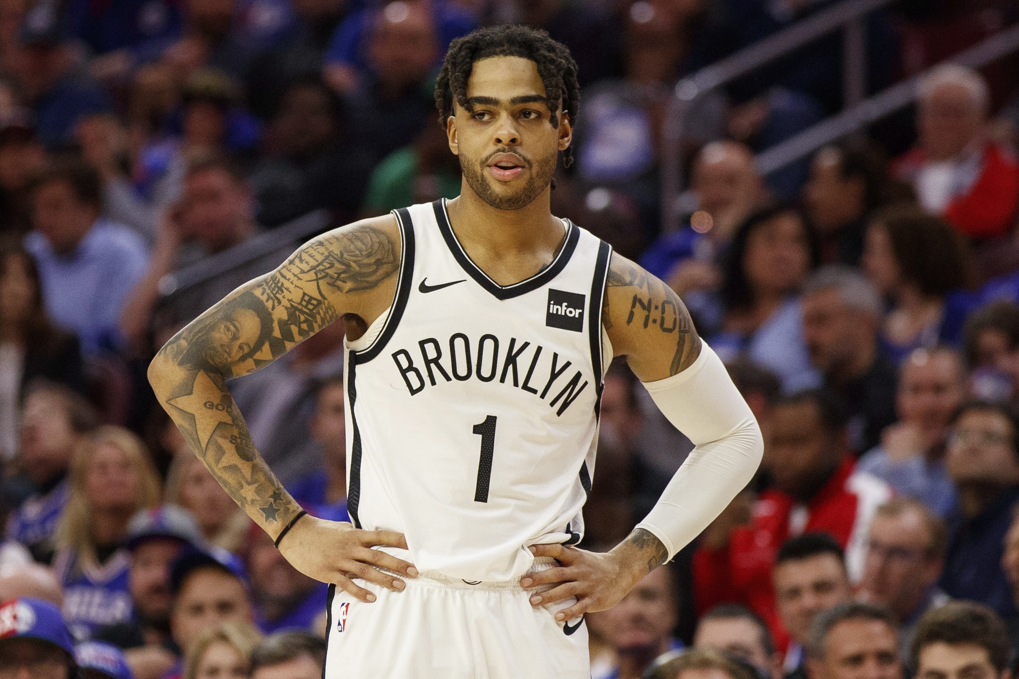 Brooklyn Nets' D'Angelo Russell in action during the second half in Game 2 of a first-round NBA basketball playoff series against the Philadelphia 76ers, Monday, April 15, 2019, in Philadelphia. 76ers won 145-123. (AP Photo/Chris Szagola)