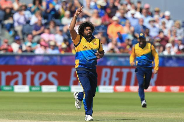 Sri Lanka's Lasith Malinga celebrates after the dismissal of West Indies' Shai Hope during the 2019 Cricket World Cup group stage match between Sri Lanka and West Indies at the Riverside Ground, in Chester-le-Street, northeast England, on July 1, 2019. (Photo by Lindsey Parnaby / AFP) / RESTRICTED TO EDITORIAL USE (Photo credit should read LINDSEY PARNABY/AFP/Getty Images)