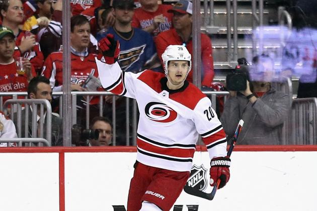 WASHINGTON, DC - APRIL 24: Sebastian Aho #20 of the Carolina Hurricanes celebrates his short-handed goal at 9:51 of the second period against the Carolina Hurricanes in Game Seven of the Eastern Conference First Round during the 2019 NHL Stanley Cup Playoffs at the Capital One Arena on April 24, 2019 in Washington, DC. (Photo by Patrick Smith/Getty Images)