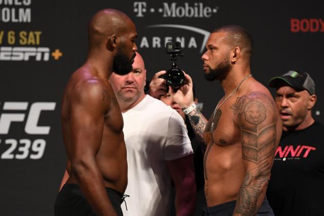 LAS VEGAS, NEVADA - JULY 05:  (L-R) Jon Jones and Thiago Santos of Brazil face off during the UFC 235 weigh-in at T-Mobile Arena on July 5, 2019 in Las Vegas, Nevada. (Photo by Josh Hedges/Zuffa LLC/Zuffa LLC via Getty Images)
