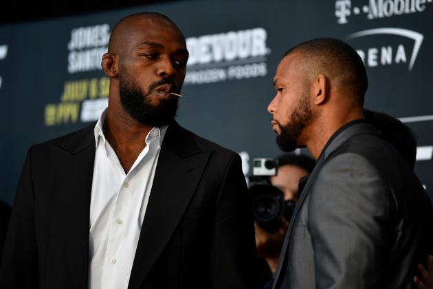 LAS VEGAS, NEVADA - JULY 04: (L-R) Jon Jones and Thiago Santos of Brazil face off during the UFC 239 Ultimate Media Day at T-Mobile Arena on July 4, 2019 in Las Vegas, Nevada. (Photo by Jeff Bottari/Zuffa LLC/Zuffa LLC via Getty Images)