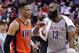 Oklahoma City Thunder's Russell Westbrook (0) and Houston Rockets' James Harden (13) talk on the court after an NBA basketball game in Houston, Sunday, March 26, 2017. (AP Photo/Michael Wyke)