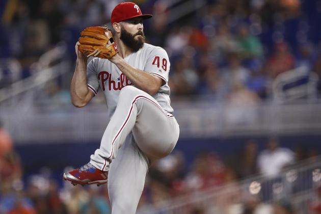 Philadelphia Phillies starting pitcher Jake Arrieta (49) delivers during the first inning of a baseball game against the Miami Marlins on Sunday, June 30, 2019, in Miami. (AP Photo/Brynn Anderson)