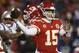 Kansas City Chiefs quarterback Patrick Mahomes (15) throws a pass during the second half of the AFC Championship NFL football game against the New England Patriots, Sunday, Jan. 20, 2019, in Kansas City, Mo. (AP Photo/Charlie Neibergall)