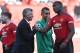 Manchester United's Norwegian manager Ole Gunnar Solskjaer (L) shakes hands with Manchester United's French midfielder Paul Pogba (R) after the final whistle of the English Premier League football match between Manchester United and Watford at Old Trafford in Manchester, north west England, on March 30, 2019. (Photo by Paul ELLIS / AFP) / RESTRICTED TO EDITORIAL USE. No use with unauthorized audio, video, data, fixture lists, club/league logos or 'live' services. Online in-match use limited to 120 images. An additional 40 images may be used in extra time. No video emulation. Social media in-match use limited to 120 images. An additional 40 images may be used in extra time. No use in betting publications, games or single club/league/player publications. / (Photo credit should read PAUL ELLIS/AFP/Getty Images)