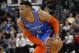 Oklahoma City Thunder guard Russell Westbrook looks on in the first half during an NBA basketball game against the Utah Jazz Monday, March 11, 2019, in Salt Lake City. (AP Photo/Rick Bowmer)