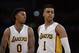 Los Angeles Lakers guard Nick Young (0) and teammate guard D'Angelo Russell (1) during the first half of an NBA basketball game against the New York Knicks, Sunday, Dec. 11, 2016, in Los Angeles.(AP Photo/Gus Ruelas)