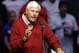 FILE - In this April 27, 2016, file photo, former Indiana basketball coach Bob Knight speaks during campaign stop for Republican presidential candidate Donald Trump in Indianapolis. Knight made his first public appearance on campus Saturday, April 6, 2019, since he was fired almost 19 years ago. Knight returned to watch the Hoosiers’ baseball game from the press box. (AP Photo/Darron Cummings, File)