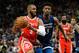 MINNEAPOLIS, MN - APRIL 23: Chris Paul #3 of the Houston Rockets drives to the basket against Jimmy Butler #23 of the Minnesota Timberwolves in Game Four of Round One of the 2018 NBA Playoffs on April 23, 2018 at the Target Center in Minneapolis, Minnesota. The Rockets defeated the Timberwolves 119-100. NOTE TO USER: User expressly acknowledges and agrees that, by downloading and or using this Photograph, user is consenting to the terms and conditions of the Getty Images License Agreement. (Photo by Hannah Foslien/Getty Images)
