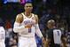 Oklahoma City Thunder guard Russell Westbrook (0) gestures to the crowd in the second half of an NBA basketball game against the Los Angeles Lakers, Tuesday, April 2, 2019, in Oklahoma City. Westbrook became just the second player in NBA history to have 20 points, 20 rebounds and 20 assists in a game as the Oklahoma City Thunder defeated the Los Angeles Lakers 119-103. (AP Photo/Sue Ogrocki)