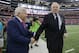 New England Patriots owner Robert Kraft, left, shakes hands with Dallas Cowboys owner Jerry Jones on the field at AT&T stadium before an NFL football game against the Dallas Cowboys, Sunday, Oct. 11, 2015, in Arlington, Texas. (AP Photo/Tim Sharp)