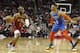 HOUSTON, TX - FEBRUARY 09: Chris Paul #3 of the Houston Rockets drives to the basket defended by Russell Westbrook #0 of the Oklahoma City Thunder in the first half at Toyota Center on February 9, 2019 in Houston, Texas. NOTE TO USER: User expressly acknowledges and agrees that, by downloading and or using this photograph, User is consenting to the terms and conditions of the Getty Images License Agreement. (Photo by Tim Warner/Getty Images)