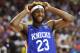 LAS VEGAS, NEVADA - JULY 07: Mitchell Robinson #23 of the New York Knicks reacts on the court during a game against the Phoenix Suns during the 2019 NBA Summer League at the Thomas & Mack Center on July 7, 2019 in Las Vegas, Nevada. NOTE TO USER: User expressly acknowledges and agrees that, by downloading and or using this photograph, User is consenting to the terms and conditions of the Getty Images License Agreement. (Photo by Ethan Miller/Getty Images)
