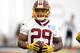 Washington Redskins running back Derrius Guice reacts during NFL football practice, Wednesday, June 13, 2018, in Ashburn, Va. (AP Photo/Nick Wass)