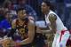 Cleveland Cavaliers guard David Nwaba drives on Los Angeles Clippers guard Lou Williams in the first half of an NBA basketball game, Friday, March 22, 2019, in Cleveland. The Clippers won 110-108. (AP Photo/David Dermer)