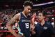 LAS VEGAS, NV - JULY 14: Brandon Clarke #15 of the Memphis Grizzlies speaks to Jorge Sedano after the Semifinals of the Las Vegas Summer League against the New Orleans Pelicans on July 14, 2019 at the Thomas & Mack Center in Las Vegas, Nevada. NOTE TO USER: User expressly acknowledges and agrees that, by downloading and/or using this photograph, user is consenting to the terms and conditions of the Getty Images License Agreement. Mandatory Copyright Notice: Copyright 2019 NBAE (Photo by David Dow/NBAE via Getty Images)