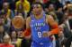 Oklahoma City Thunder guard Russell Westbrook brings the ball up court in the first half during an NBA basketball game against the Utah Jazz Monday, March 11, 2019, in Salt Lake City. (AP Photo/Rick Bowmer)