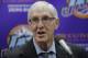 Former Utah Jazz head coach Jerry Sloan, speaks at a news conference before a 20-year reunion ceremony for Utah Jazz team that reached the 1997 NBA Finals, before the start of their NBA basketball game against the New York Knicks Wednesday, March 22, 2017, in Salt Lake City. (AP Photo/Rick Bowmer)